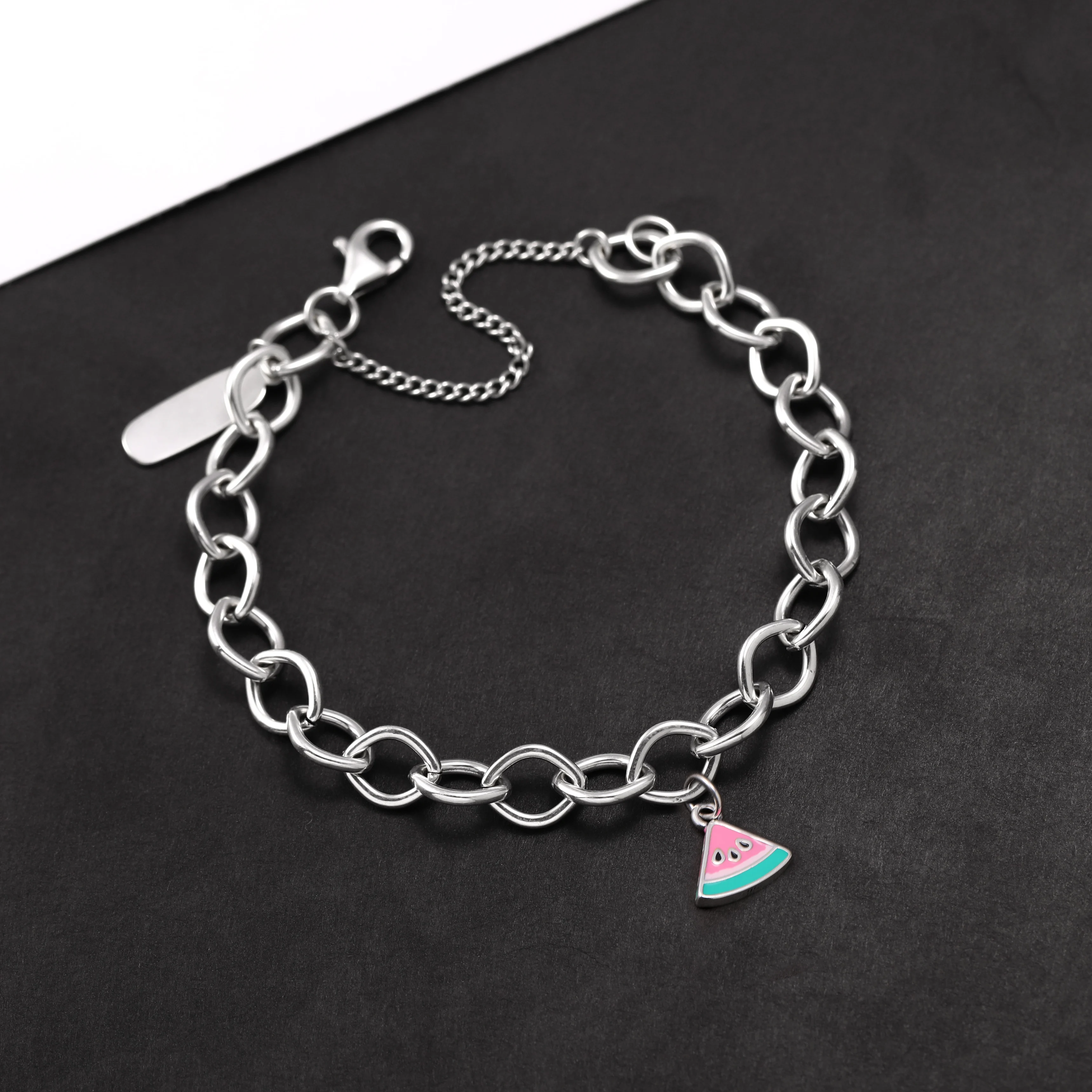 

Genuine 925 sterling silver Forged Link Charm Bracelet paired with an Enamel watermelon pendant