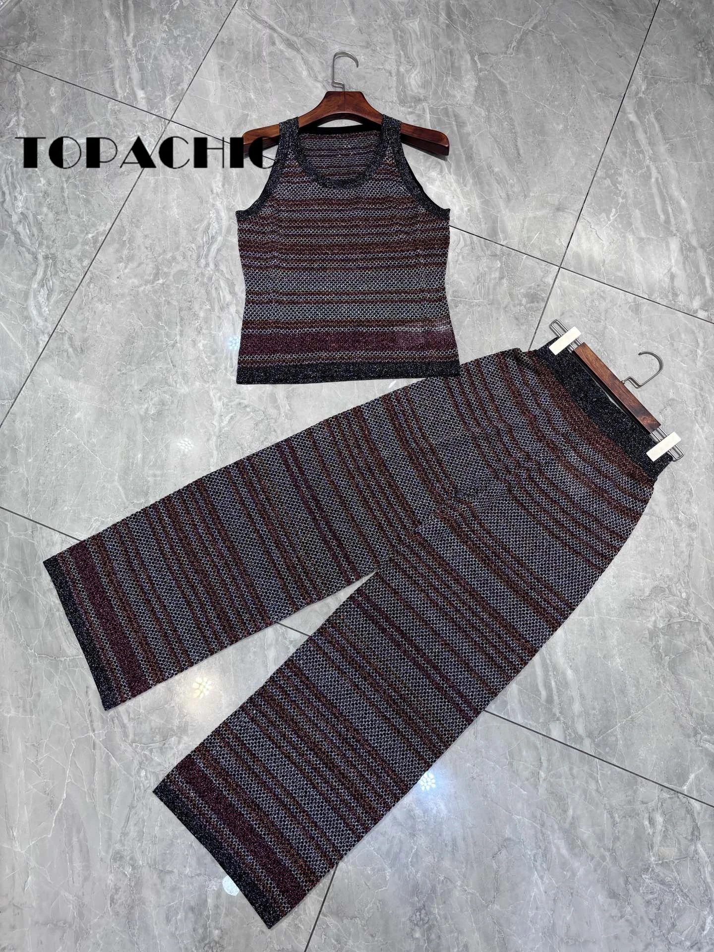 5.9 TOPACHIC Women\'s Striped Bling Silk Jacquard Knitted O-Neck Sleeveless Short Tank Top Or Elastic Waist Straight Pants Set