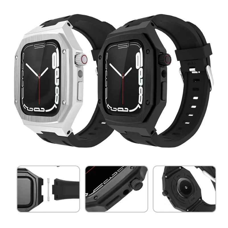 

Rubber Modified Strap+Case For Apple Watch 8 7 45mm Stainless Steel Integrated Protective Shell For iWatch 7 6 5 4 SE 45mm 44mm