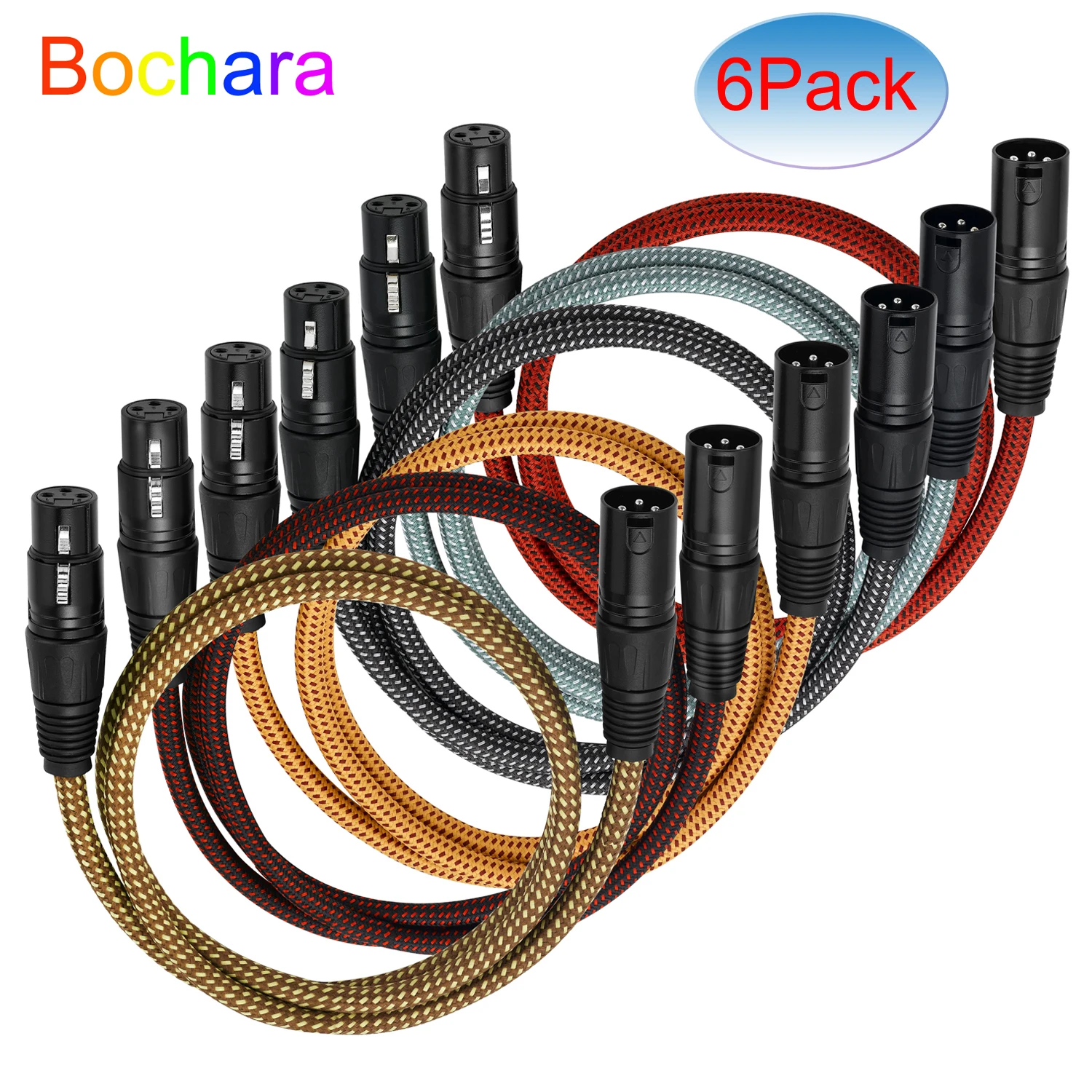 Bochara Colourful Braided XLR Cable Male to Female 3Pin Jack OFC Copper Foil+Braided Shielded For Amplifier Mic Mixer 6Pack