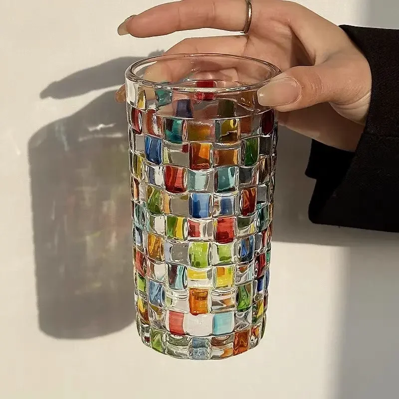 

Blingbling Beer Glass Refracts Rainbow Light Antique Glass Ins Hand Drawn Square Grid Woven Glass Water Cup Juice Party Cup