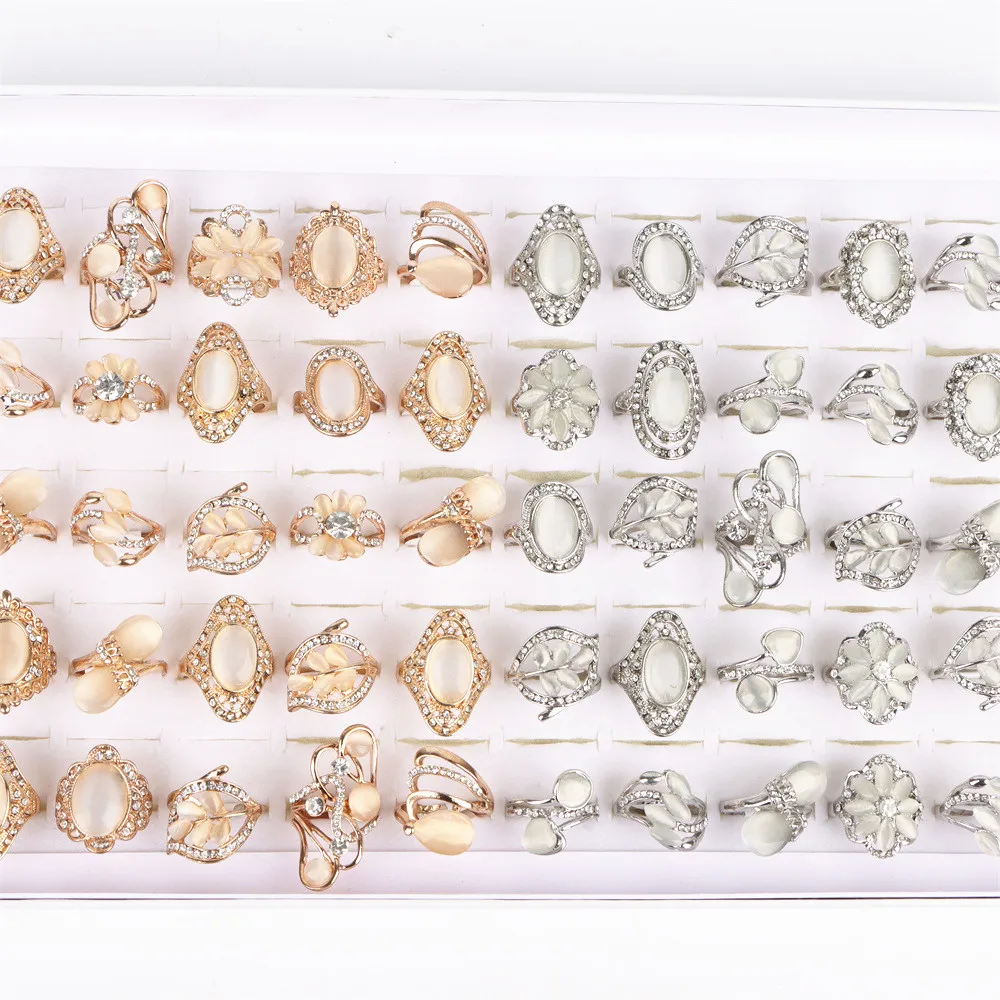 10/20/30Pcs/Lot Fashion Opal Stone Natural Zircon Rings Silver and Gold Color Mix Style For Women Anniversary Party Jewelry Gift