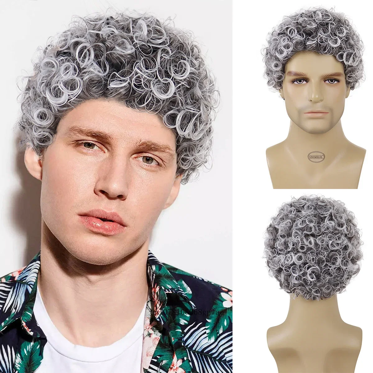 Bouncy Grey Wig Synthetic Hair Male Short Haircuts Wig 70s Daily Costume Halloween Afro Curly Wigs for Men Adjustable Cap Size