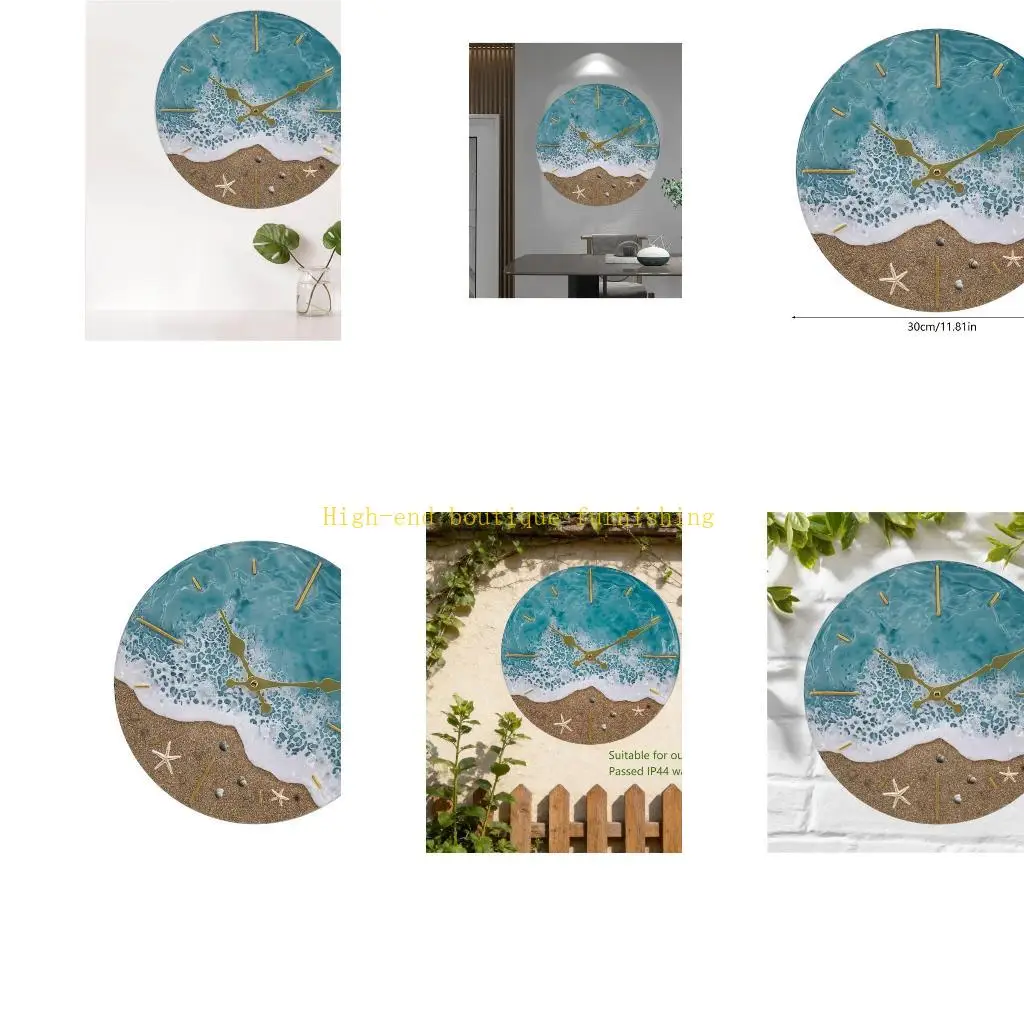 L9NB Resin Waterproof Round Coastal Wall Clock with Gold Hands Ocean Art for Living Room Entryway Beach Decors Display and