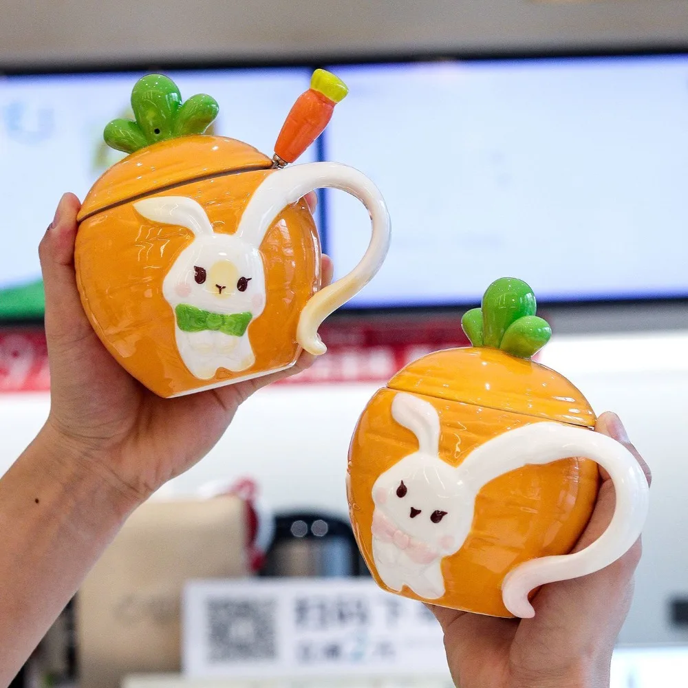 كوب سيراميك على شكل أرنب لطيف كوب سيراميك عالي القيمة مع غطاء كوب ماء للإفطار كوب منزلي كرتوني أدوات للشرب هدايا عيد الميلاد