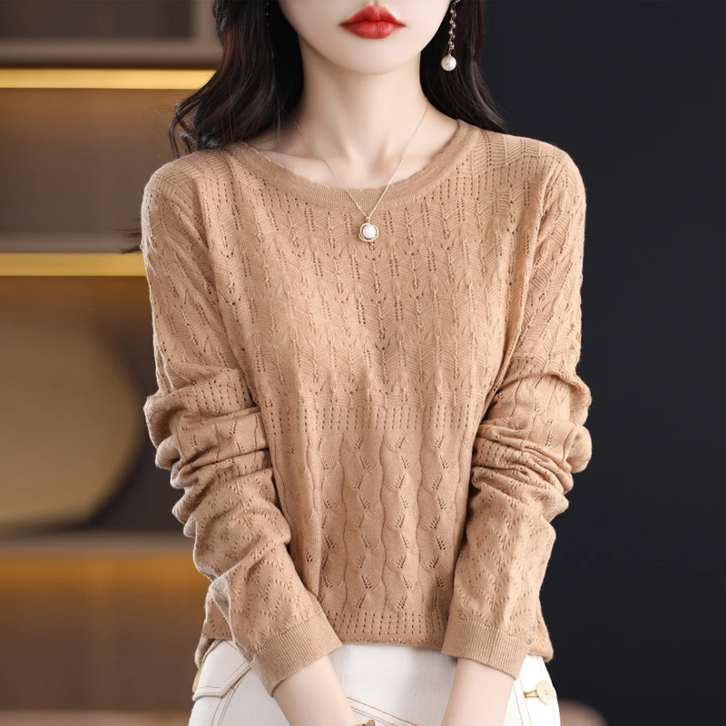 2023 New Cashmere Sweater Women\'s Sweater Women\'s Hollow Out Design O-Neck Pullover Casual Knitted Top Cashmere Women\'s Sweater