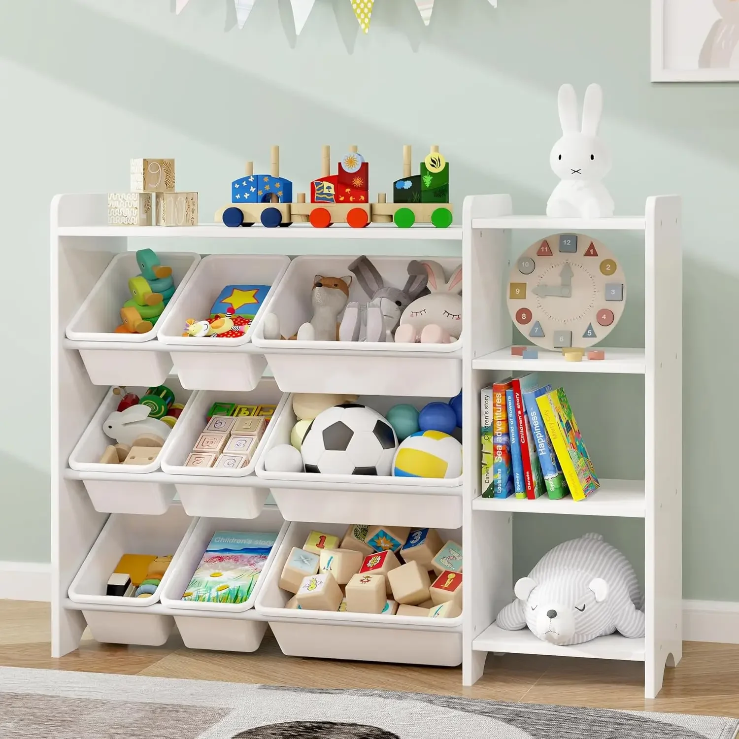 4-Tier Kids' Toy Storage Organizer Shelf - 100% Solid Wood,Children's Storage Cabinet with 9 Plastic Bins and 3 Storage