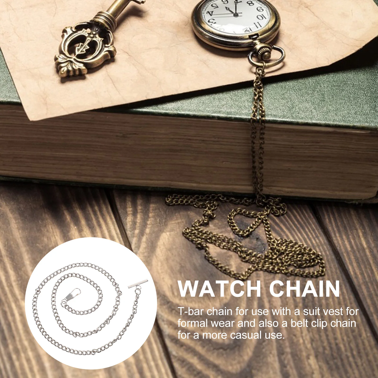 65cm Decent Metal Pocket Watch Chains Vintage T-bar Buckle Jeans Belt Chains for Men Women (Golden) metal watch chain