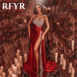 RFYR Gorgeous Red Prom Dress Strapless Sequin Evening Dress with Sequins Satin Party Dress Side Slit Robe De Soirée Customized