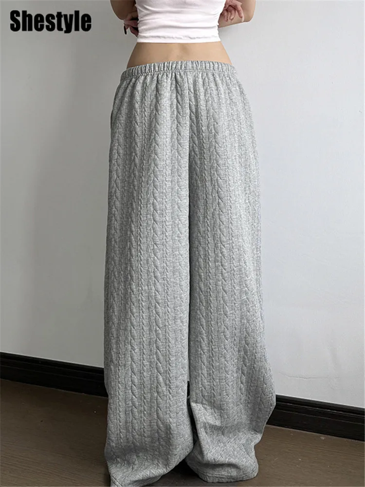 Shestyle Gray Sweatpants Autumn for Women Streetwear Drawstring Texture Staight Casual Loose Minimalist Wide Leg Trousers 2025