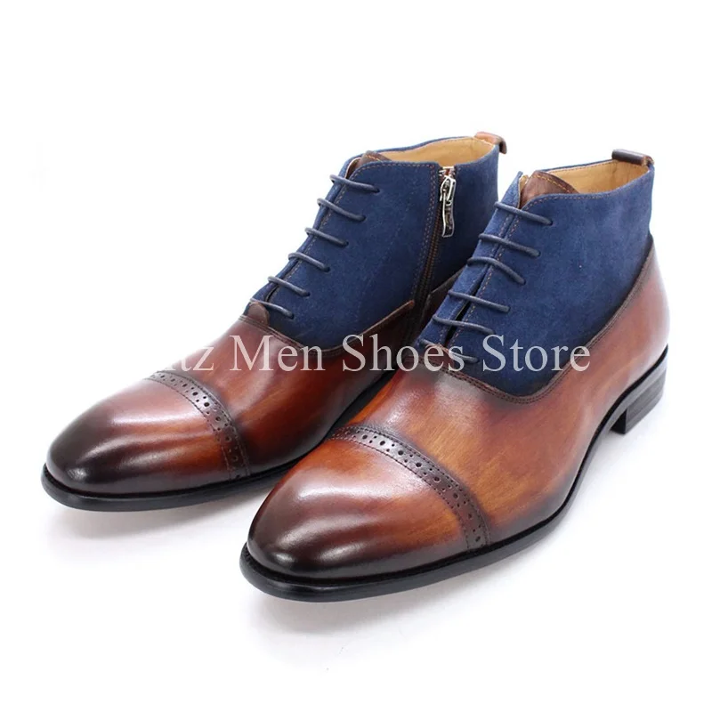 Handwork Pointy Toe Matching Vintage Ankle Boots for Men Business Chelsea Boots Wear Proof Genuine Leather Short Fashion Boots