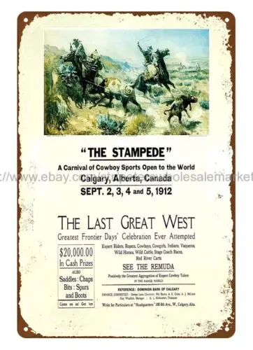 1912 Canadian Calgary Alberta Stampede rodeo cowboy horses metal tin sign