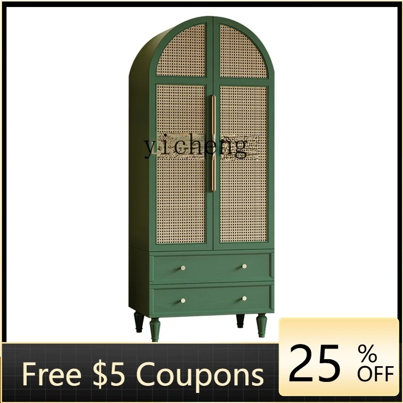 

Zc Vintage Green Rattan Wardrobe Bedroom Arch Cabinet Double Door Hanging Wardrobe