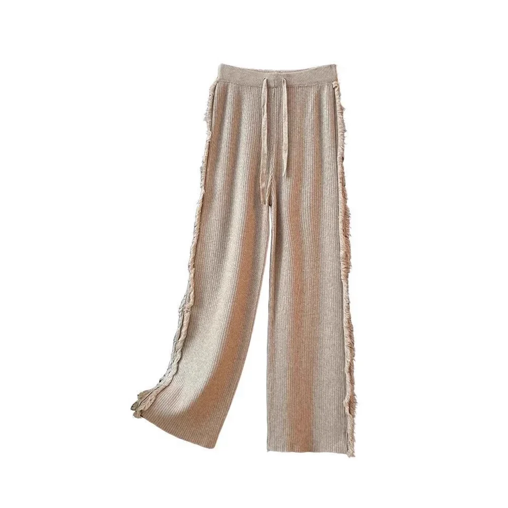 Casual gebreide broek met wijde pijpen Dames hoge taille Drapey losse rechte vloerlengte broek met gerafelde randen Design Sensation