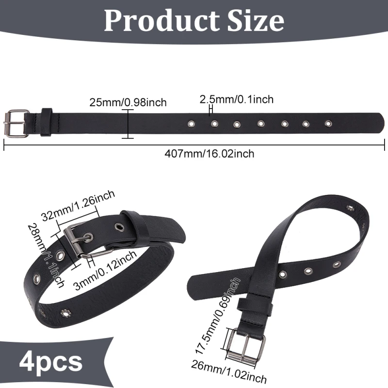 4 Pcs Traditional Kilt Extender Straps Leather Cuff Belt Buckles 0.9x16 inch Black PU Leather Adjustable Belt with Metal Square