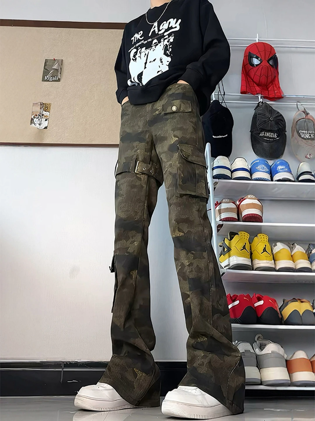 

Камуфляжные джинсы American Vibe Slim Fit для мужчин, осенние брюки с несколькими карманами, расклешенные рабочие брюки, прямые леггинсы