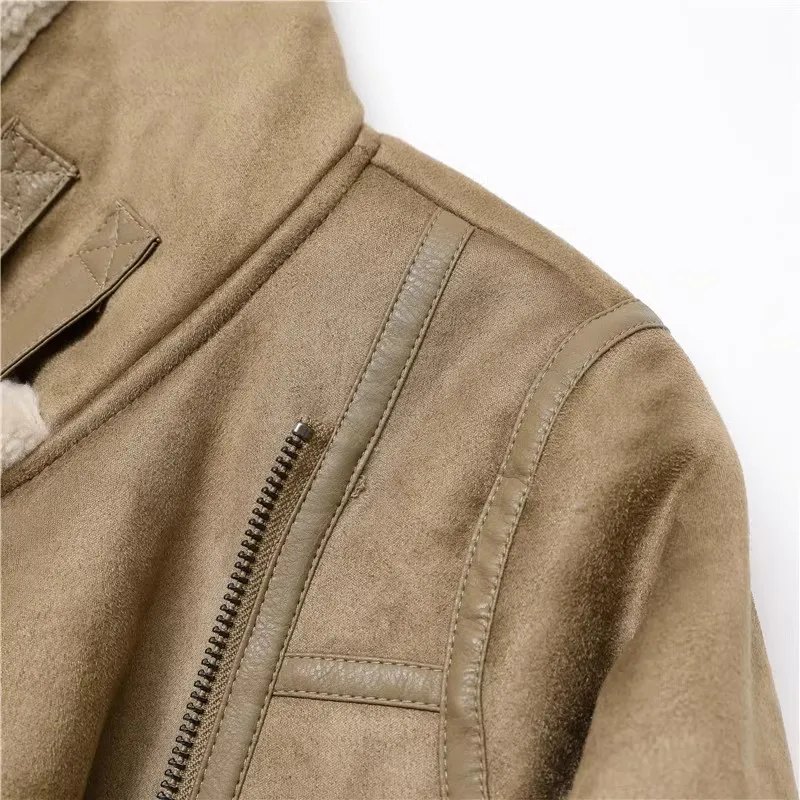 Winter 2023 Women\'s Warm Padded Suede Artificial leather Lamb Jacket Short motorcycle jacket synthetic sheepskin leather jacket