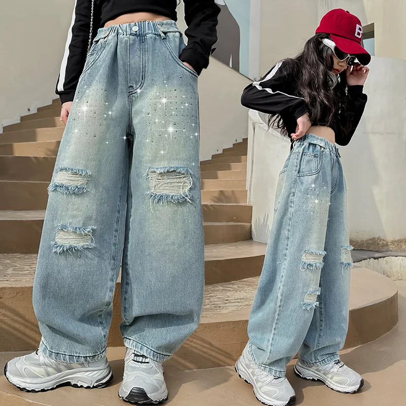 

2024 Girls' Jeans Autumn Big Kids Wide Legged Pants Fashionable Fashionable, Loose And Cool Spring Clothes With Broken