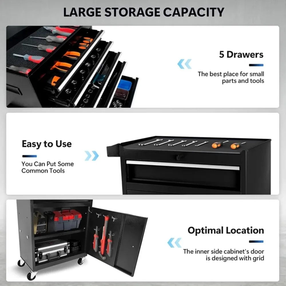 Wózek narzędziowy z 5 szufladami - Przenośna szafka do przechowywania narzędzi w garażu z kółkami i szufladami zamykanymi na klucz