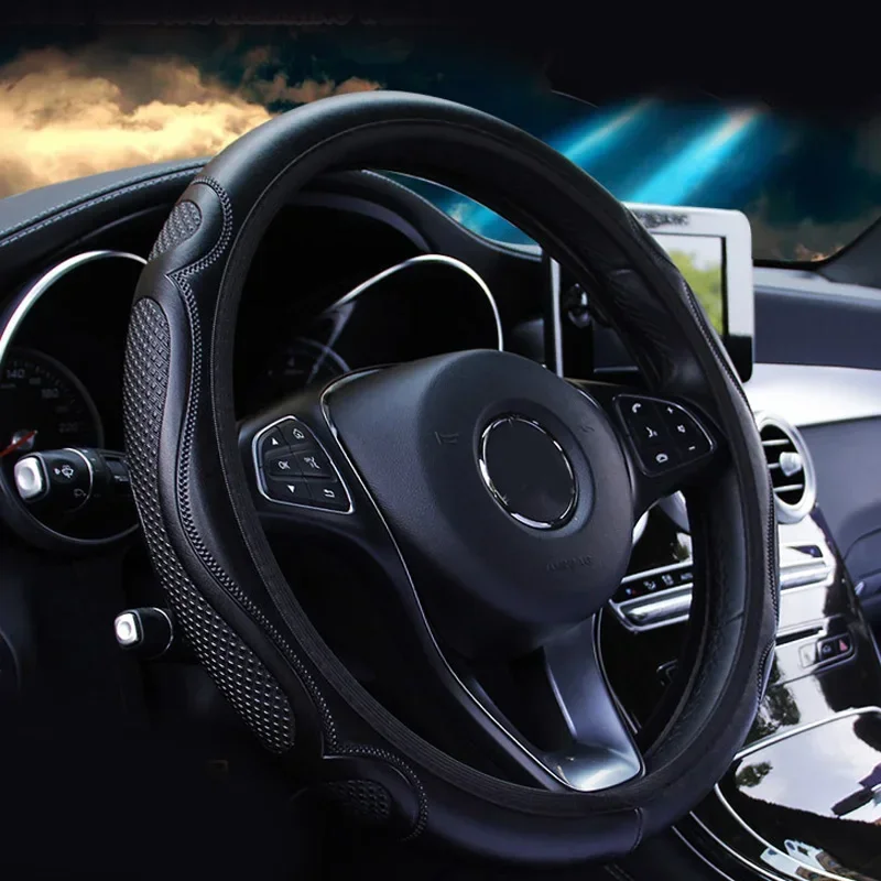 37-38cm Car Black Steering Wheel Cover Non-slip Faux Leather Wear-proof Decorative Steering Covers Accessories