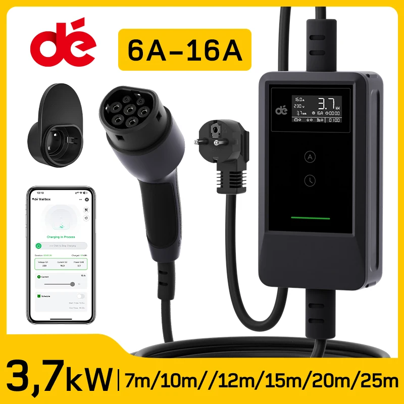 dé Chargeur véhicule électrique Type 2 3,7 kW avec application, câble de charge de 7 m, 10 m, 15 m, 20 m et 25 m, réglage du courant monophasé 6A-16A, chargeur EV Plug & Play pour VE PHEV