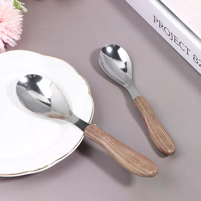 1 قطعة الفولاذ المقاوم للصدأ تقليد مقبض خشبي أدوات المائدة الغربية أدوات المائدة الحلوى ملعقة شوربة مطعم غربي بار أدوات المائدة