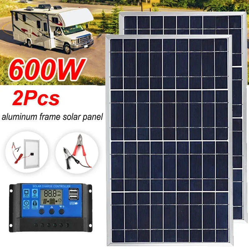 600W 300W Solar Polycrystalline Panel Kit Complete 12V USB Power Portable Outdoor Rechargeable Solar Cell Generator Comping