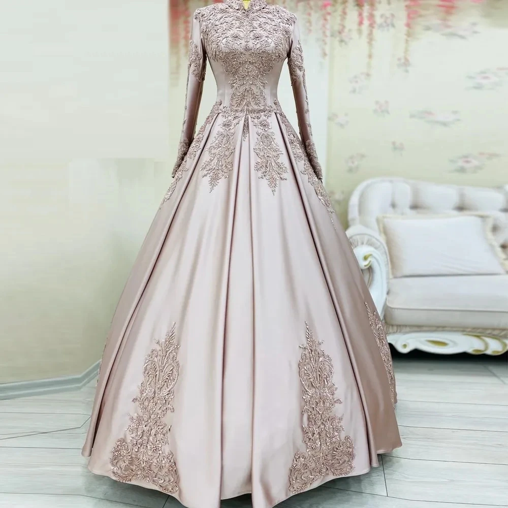 Pink Satin Muslim Evening Dresses For Women High Neck Dubai Arabic Lace Applique Long Sleeves Outfit Formal Wedding Party Gowns