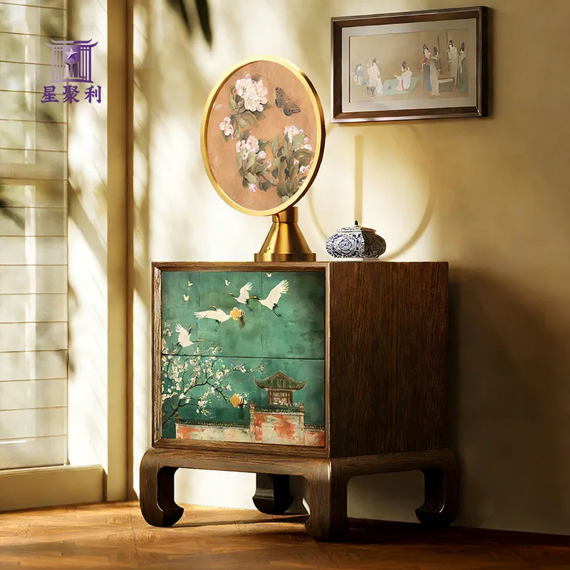 Chinese retro pavilion, crane solid wood bedside table, Song's aesthetics, chest of drawers, bedroom storage, storage cabinet
