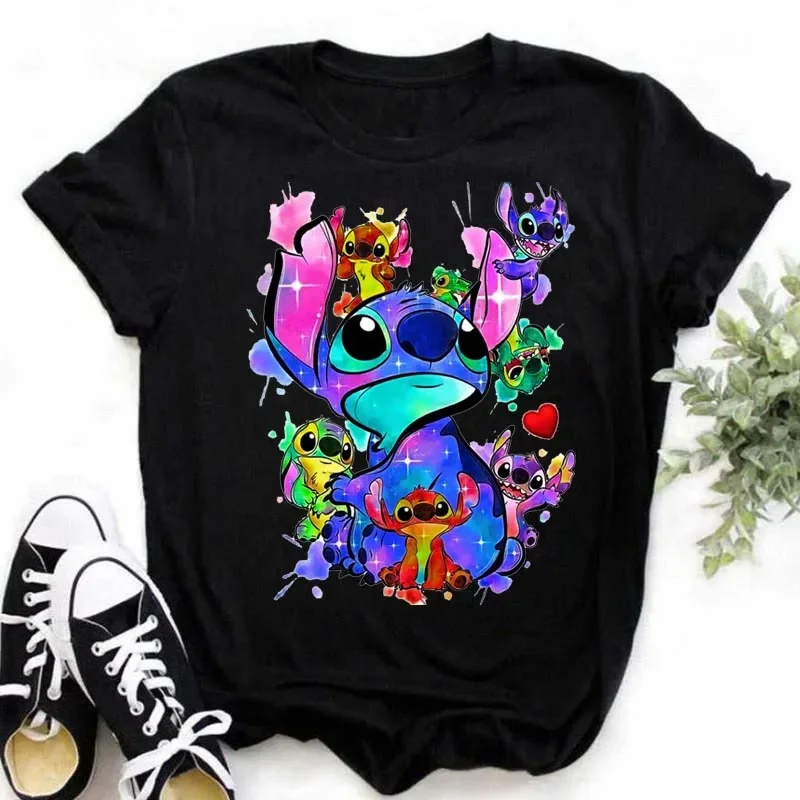 Disney Lilo Stitch Cute Round Neck Women's T-shirt Kawaii Short-sleeved Summer Streetwear Harajuku Y2k Cotton Plus Size Tops