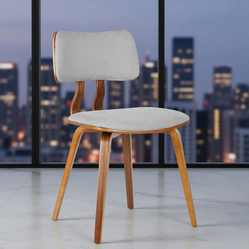 

Современный обеденный стул из серой ткани середины века с отделкой орехового дерева для кухни, стола или туалетного столика