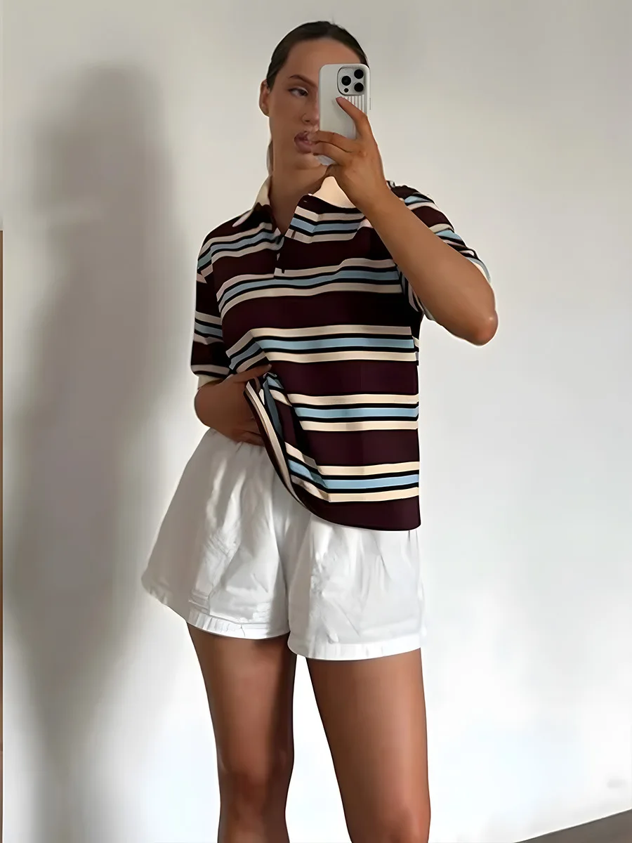 

Cotton Vintage Stripe Polo Shirt - Loose Oversized Fit - Y2K Street Style - Breathable Summer Top f222