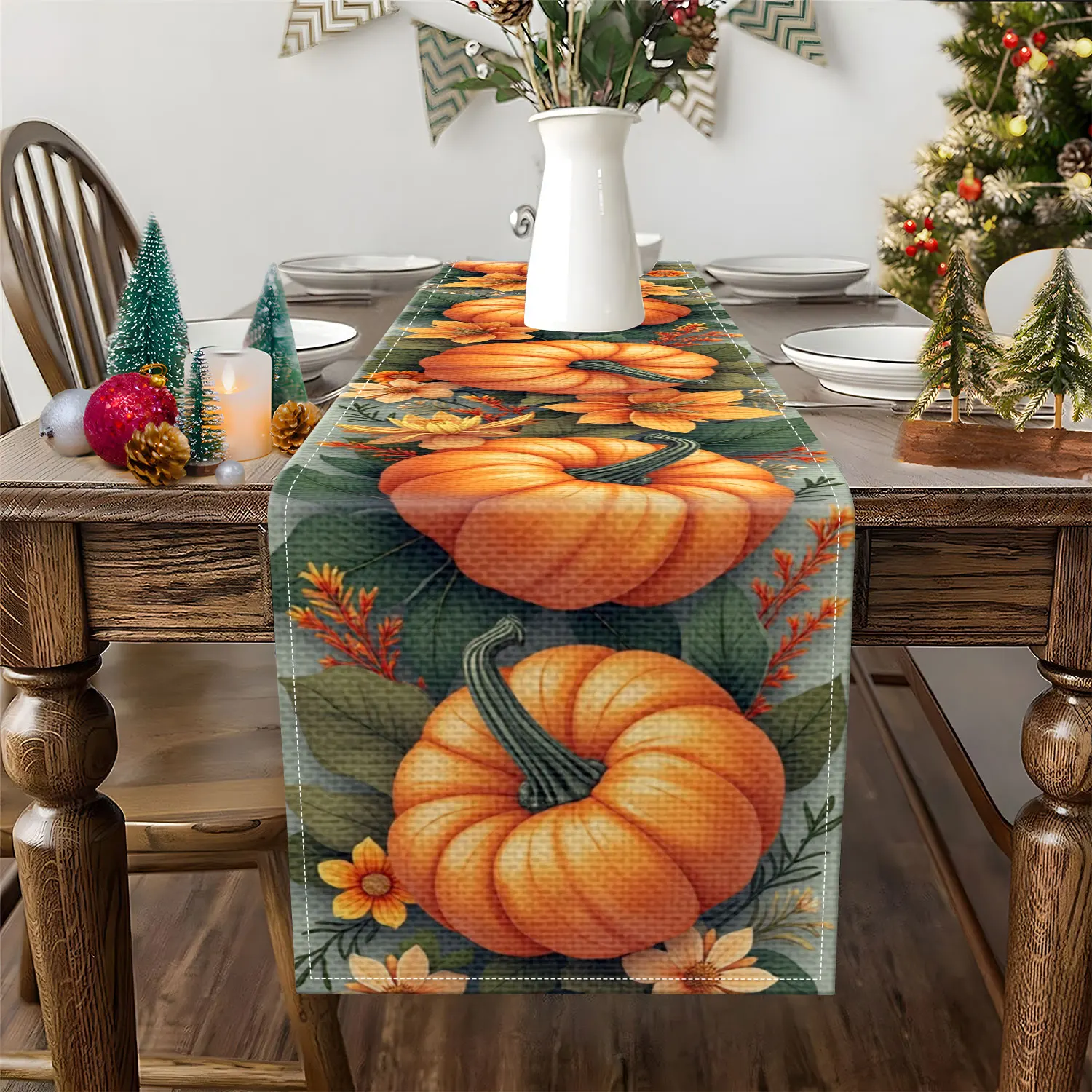 1 Piece of Autumn-Themed Table Runner with Pumpkin and Floral Motifs, Featuring Pumpkins, Autumn Flowers, and Green Leaves as Main Patterns, Suitable for Thanksgiving, Autumn Parties, and Home Decoration