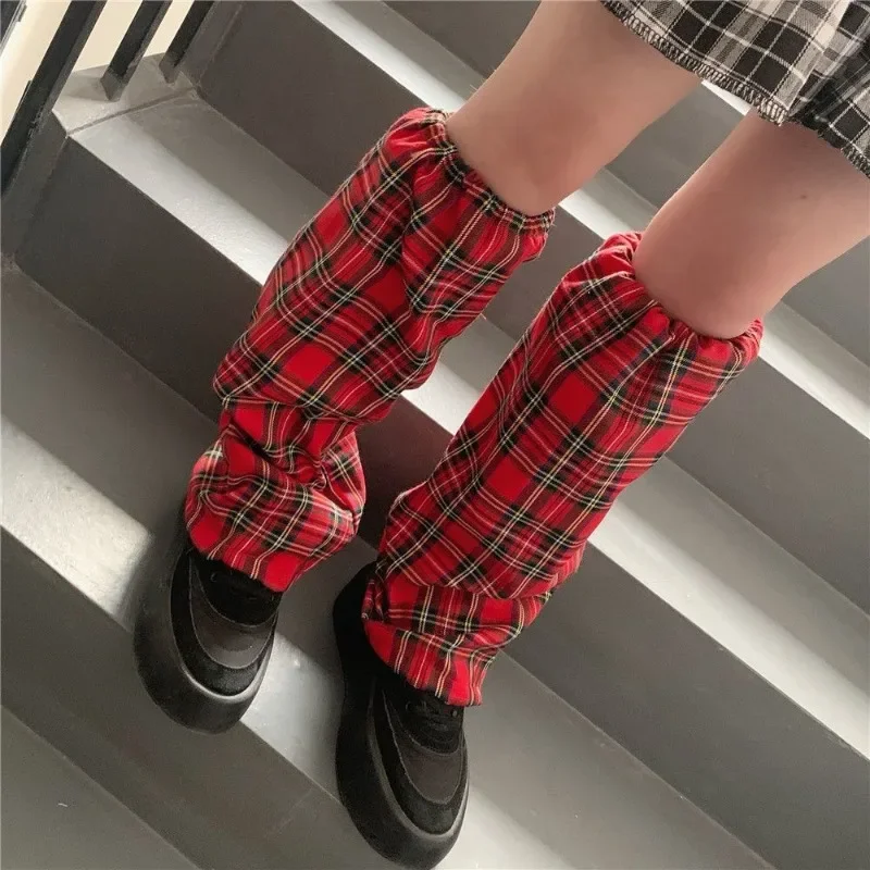 Women Red Plaid Print Sweet Leg Warmers Y2K Style Lady Streetwear Fashion Costume Foot Sleeve Harajuku PU Strap Summer Socks
