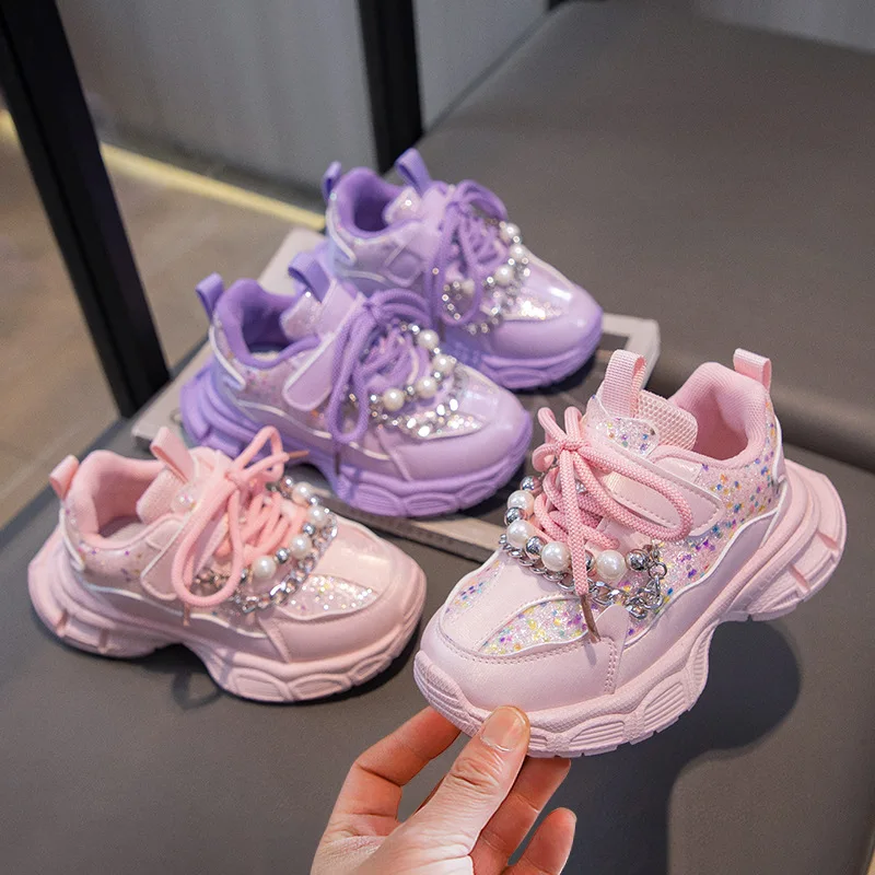 Kids Sneakers 2024 Girls Spring Fashion Shiny with Pearl Running Sport Shoes Children Non-slip Trainers Student Casual Sneakers