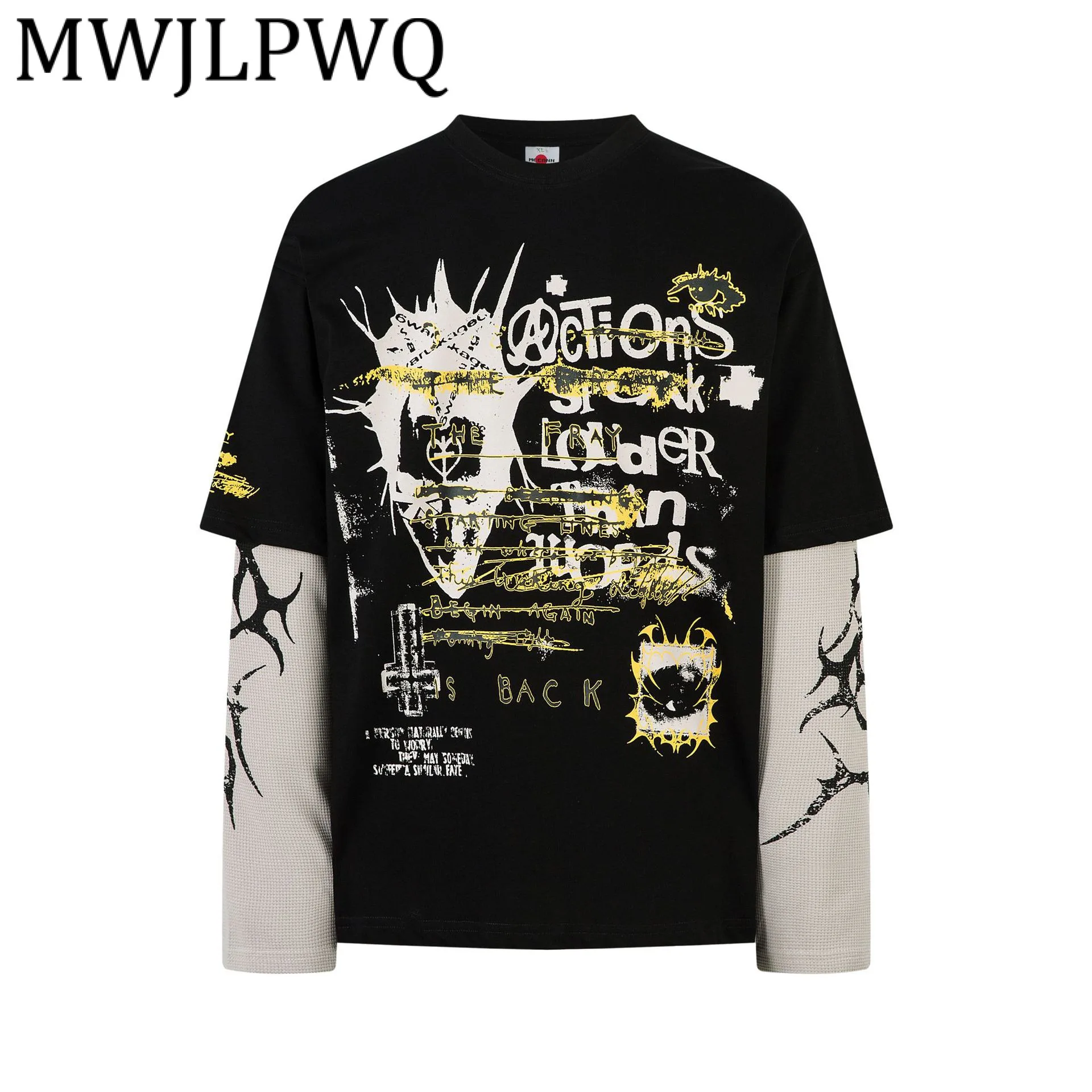 

MWJLPWQ Американский хип-хоп модный принт мужская футболка искусственная двухсекционная уличная одежда в стиле панк с длинными рукавами повседневные топы осень 21356