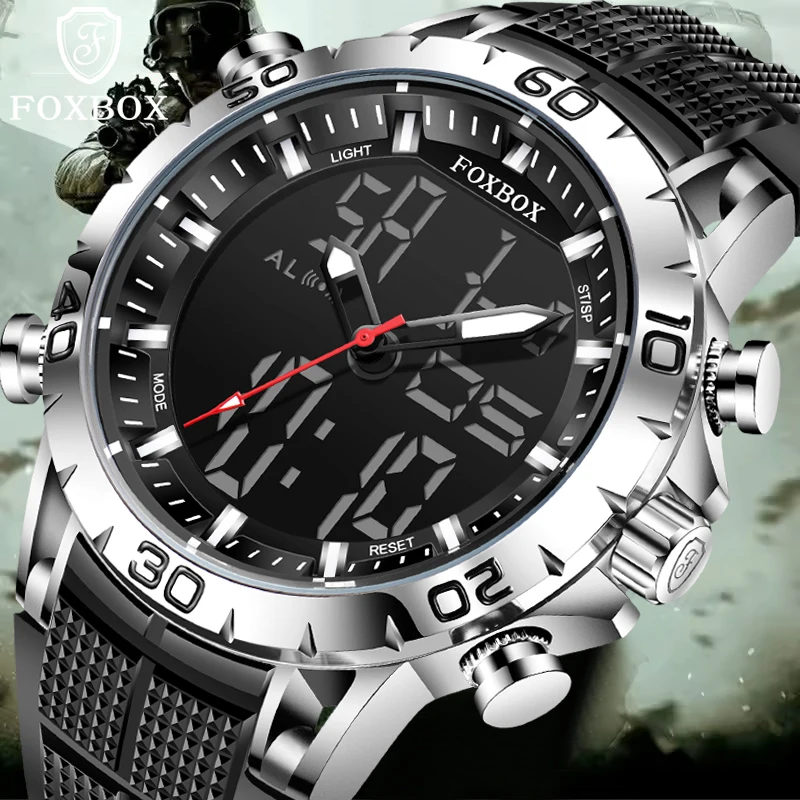 ساعة FOXBOX جديدة مقاومة للماء للرجال رياضية خارجية من السيليكون مضيئة للرجال ساعة إلكترونية عسكرية عصرية Reloj Hombre