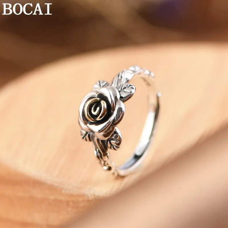 BOCAI S925 Sterling Silver Rings for Women New Fashion Literature Art Relief Rose Adjustable Pure Argentum Classic Jewelry