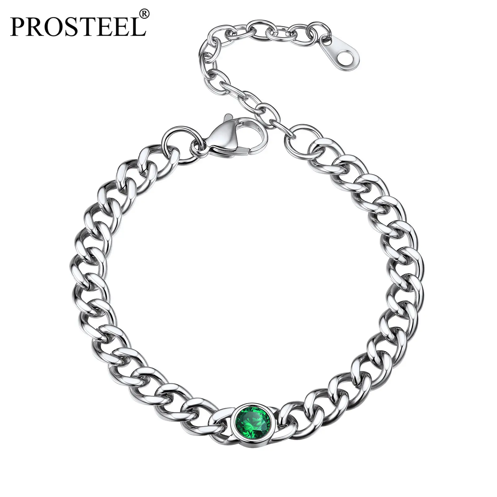 PROSTEEL Stainless Steel Bracelet with CZ Diamond for Women Men 7mm Wide Cuban Chain Fashion Jewelry Birthday Gift