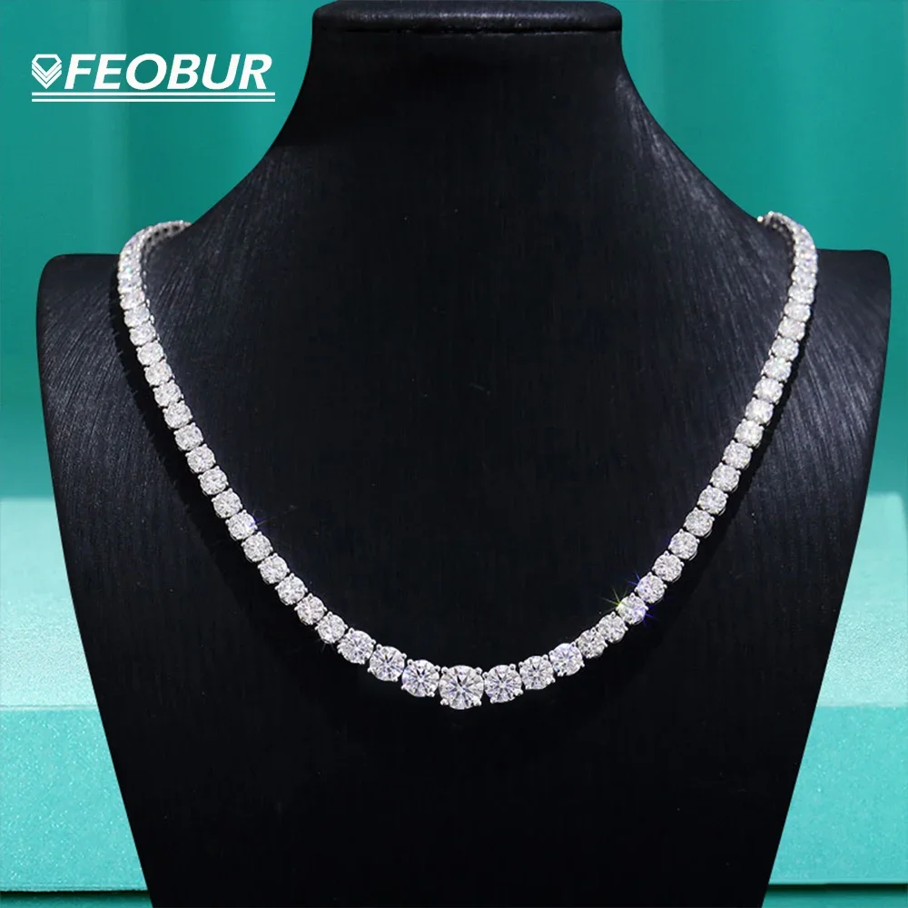 FEOBUR 6.5-3MM Gradient Moissanite Tennis Necklace for Women Sparkling Full Diamond Luxury Jewelry Sterling Silver 925 Chain