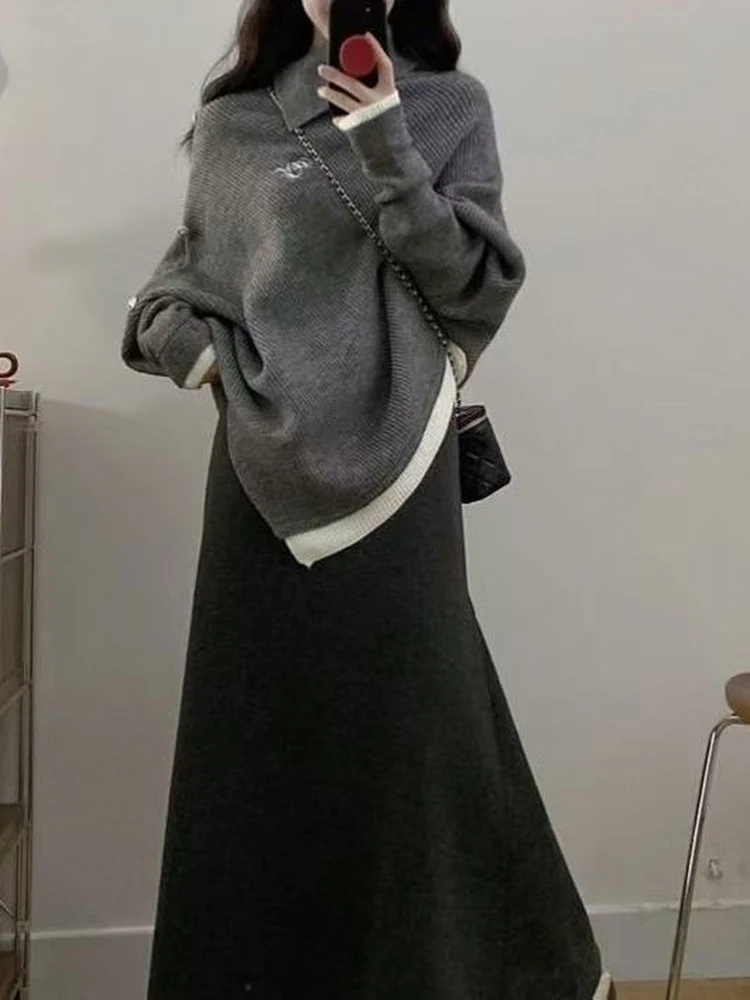 

Женская юбка с высокой талией и вязаный свитер, осенне-зимний модный повседневный наряд, асимметричный дизайн