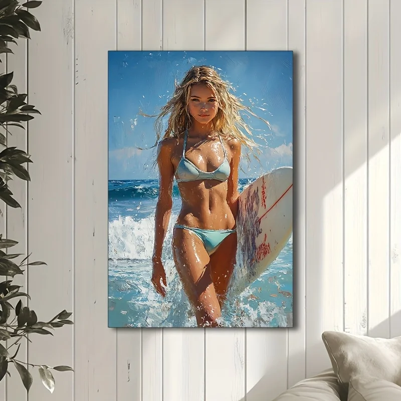 One Metal Tin Sign Featuring a for Surfer Girl in a Bikini with a for Surfboard. Perfect for a Beach-Themed Space, for Surf Shac