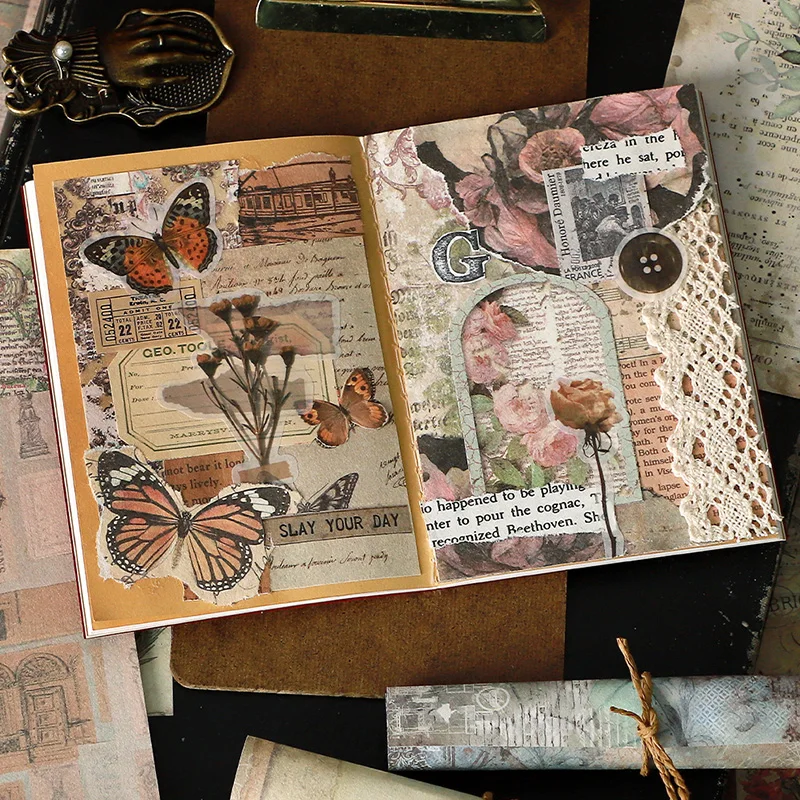 Mr.Paper 100Pcs Vintage Floral Butterfly Junk Journal Paper - Retro Scrapbook Collage Photo Album Decor Stationery