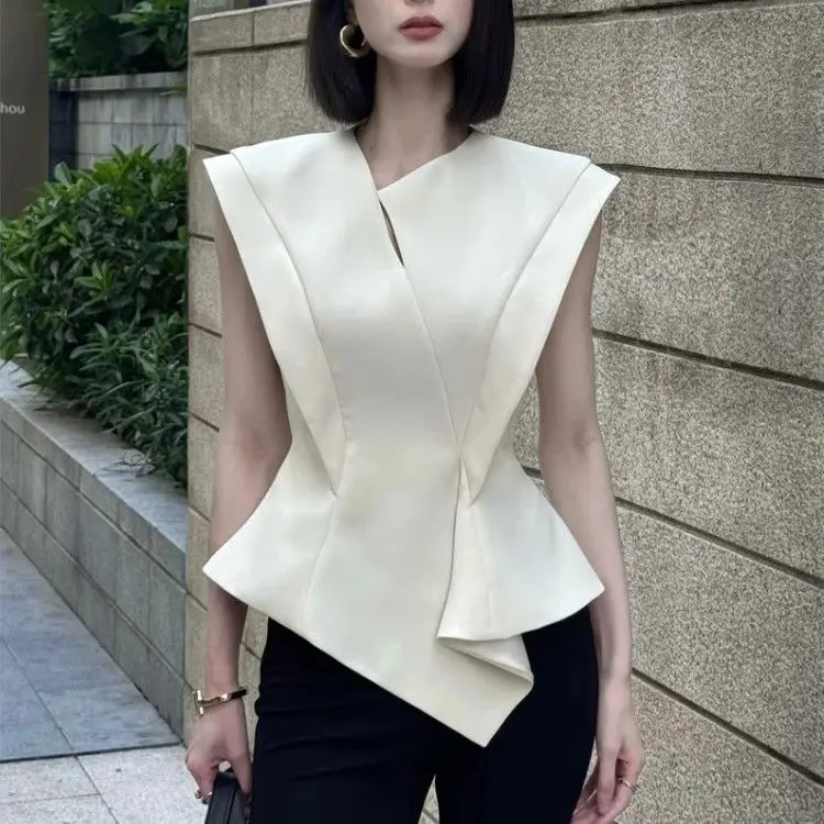 

French petty bourgeoisie top design sense unique beautiful waist age reduction fashion white shirt women's summer