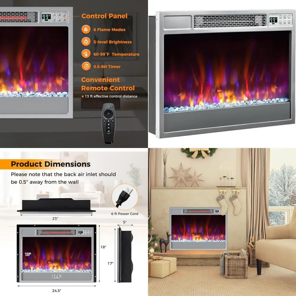 

Встраиваемый электрический камин 23 Wide 1500W с пультом ДУ, 6 цветов пламени, 5 уровней яркости, таймер на 8 часов, защита от перегрева