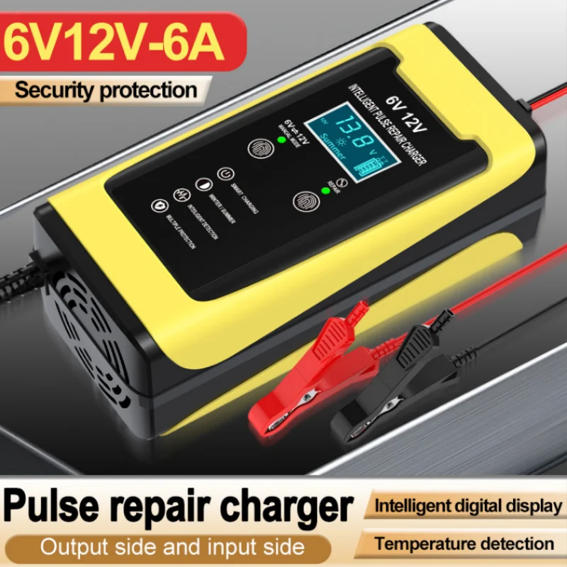 6V 12V 6A Smart Fast Charge Cycle GEL Lead-Acid Charger Pulse Car Battery Universal Repair Charger LCD Display 