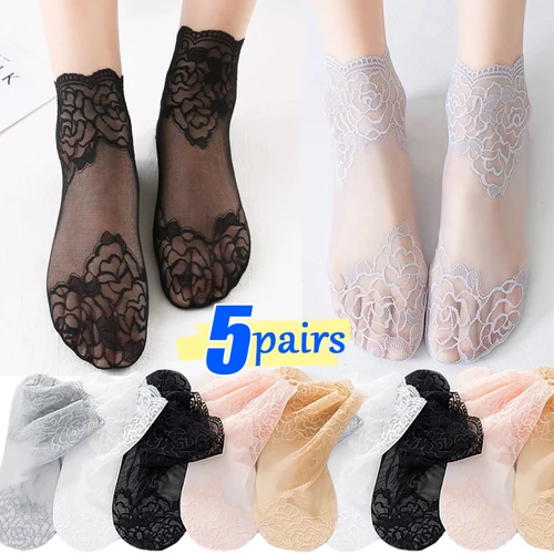 Calcetines de encaje de flores para mujer, medias de barco huecas antideslizantes, medias invisibles sexys, calcetines cortos de tobillo, Lolita, 1/5 pares