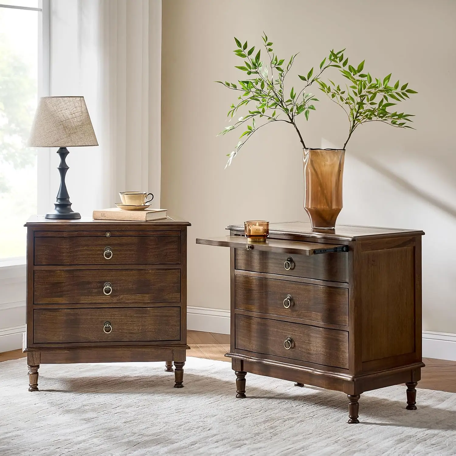 Wood End Table Set of 2 with Charging Station, 3 Drawer Side Table with Pull-Out Tray, USB & Type-C Ports, , Customized