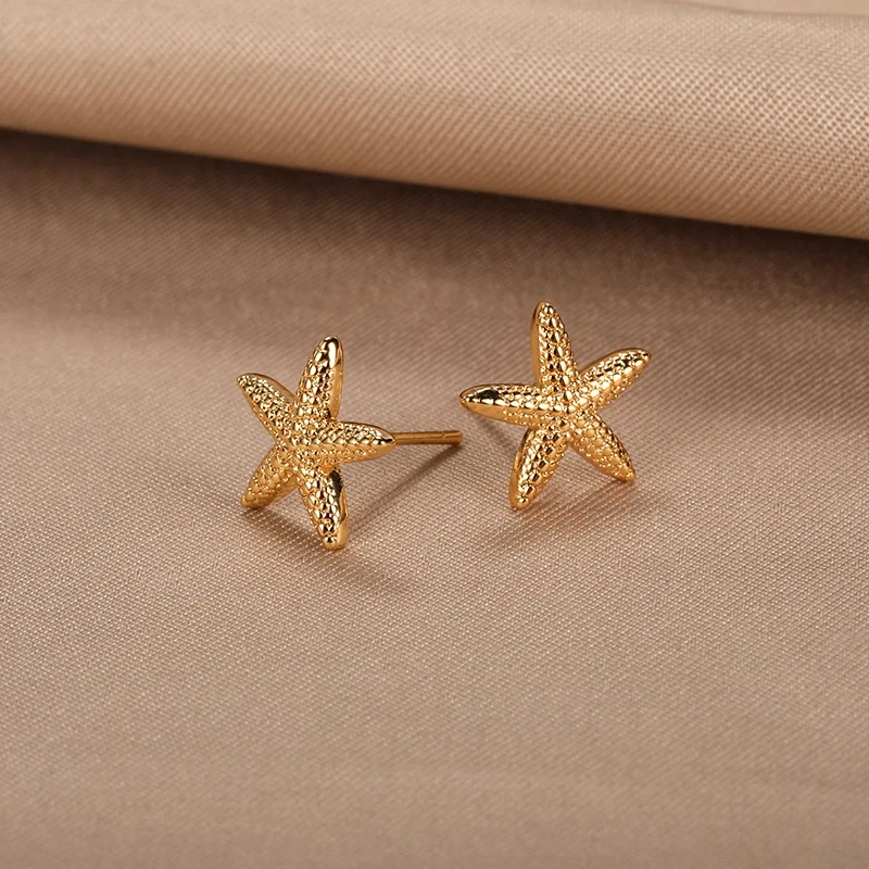 Vintage Summer Starfish Stainless Steel Stud Earrings For Women Simple Star Shell Earrings Stud Ocean Party Jewelry Gift 2024