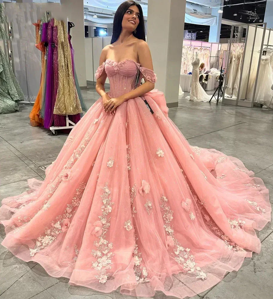 ANGELSBRIDEP Hot Pink Quinceanera Dresses 3D Flower Lace Appliques Off Shoulder Sweetheart Corset Puffy Tulle Beaded Princess